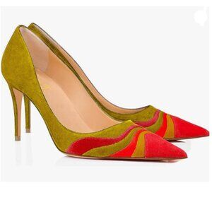 FOWT Yellow Red High Heel Pointed Toe Pump Slip-on Rainbow Shoes for Dress Party